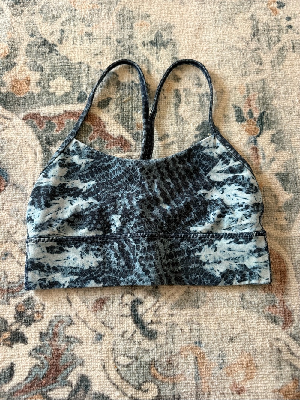 lululemon athletica Blue and Black Snake Print flow y longline Sports Bra